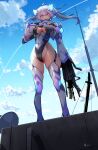  1girl absurdres ahoge ammunition_belt artist_name black_leotard blue_sky bodysuit breasts cleavage cleavage_cutout clothing_cutout cloud covered_navel day from_below glowing glowing_eyes grey_hair gun hair_between_eyes highleg highleg_leotard highres humanization hydrasia_(natsukaze_shigure) impossible_bodysuit impossible_clothes large_breasts leotard long_hair looking_at_viewer machine_gun magical_girl mecha_musume medium_breasts natsukaze_shigure original outdoors pink_eyes power_lines red_eyes signature skin_tight skindentation sky solo standing thighhighs twintails variant_set weapon white_hair 
