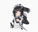  1girl 68oljg apron ascot black_ascot black_dress black_hair blunt_bangs collared_shirt dress holding holding_knife juliet_sleeves knife limbus_company long_hair long_sleeves looking_at_viewer maid_apron maid_headdress ponytail project_moon puffy_sleeves red_eyes ryoshu_(project_moon) shirt simple_background solo upper_body white_apron white_background wuthering_heights_(identity)_(project_moon) 