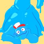  1:1 ambiguous_gender anthro ass_up blue_body blue_slime blue_tongue blush clothing flan_(everhood) goo_creature hat headgear headwear hi_res looking_at_viewer smile solo tail tongue tongue_out trucker_hat 