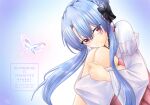  1girl black_bow blue_background blue_hair blush bow braid bug butterfly closed_mouth commentary_request crown_braid eyebrows_hidden_by_hair feet_out_of_frame frilled_kimono frills glowing_butterfly hair_between_eyes hair_bow hair_bun hair_ribbon hugging_own_legs japanese_clothes kimono knees_up long_hair long_sleeves looking_at_viewer nontraditional_miko o_futon_kakeru official_alternate_costume pink_skirt red_eyes red_ribbon ribbon sidelocks simple_background single_hair_bun sitting skirt smile solo sorakado_ao split_mouth summer_pockets very_long_hair watermark white_kimono wide_sleeves 