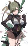  1girl absurdres black_jacket black_leotard black_panties black_shoes blue_eyes breasts brown_horns card center_frills curled_horns demon_girl demon_horns demon_tail eyepatch foot_out_of_frame frills green_hair hashtag-only_commentary highres horns jacket leotard leotard_under_clothes long_sleeves looking_at_viewer medium_breasts nanashi_inc. o-ring o-ring_thigh_strap ogura_tubuan open_mouth panties playing_card see-through_clothes see-through_skirt sekishiro_mico shirt shoes short_hair shrug_(clothing) skirt solo standing standing_on_one_leg tail thigh_strap underwear virtual_youtuber white_background white_shirt 