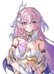  1girl absurdres ansha_da_wei bare_shoulders breasts chinese_commentary cleavage collarbone commentary_request corset diamond-shaped_pupils diamond_(shape) elysia_(herrscher_of_human:_ego)_(honkai_impact) elysia_(honkai_impact) highres honkai_(series) honkai_impact_3rd large_breasts long_hair looking_at_viewer multicolored_hair pink_hair purple_eyes simple_background smile solo symbol-shaped_pupils triquetra two-tone_hair veil very_long_hair white_background white_corset white_hair white_veil 