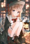  1girl :o absurdres black_boots black_dress black_hat bloomers blue_nails blurry blurry_background blush boots bow bowtie braid brown_hair building city collar dress fence frilled_collar frills hat heripiro highres holding holding_lantern jack-o&#039;-lantern lamppost lantern long_hair long_sleeves looking_at_another multicolored_nails night non-web_source orange_nails original outdoors red_bow single_braid solo squatting swept_bangs underwear white_bloomers witch_hat 