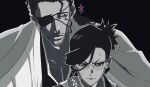 1boy 1girl 7l6cup9yzr1xu7d black_background black_hair black_kimono bleach bleach:_sennen_kessen-hen closed_mouth commentary english_commentary eyepatch facial_hair fighting_stance frown glasses greyscale hair_between_eyes hair_ornament hair_stick haori highres ise_nanao japanese_clothes kimono kyouraku_shunsui lips long_hair looking_at_another looking_at_viewer medium_hair monochrome nose official_style one_eye_covered portrait serious simple_background smile stubble sweat taichou_haori tsurime upper_body v-shaped_eyebrows 