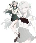  13_(jjusan13) 1girl absurdres bag blue_pupils blush bow bowtie brown_bag brown_shoes buttons double-breasted firefly_(honkai:_star_rail) firefly_(spring_missive)_(honkai:_star_rail) gradient_hair green_bow green_bowtie green_hairband green_ribbon green_sailor_collar green_skirt green_sleeve_cuffs grey_hair hair_between_eyes hair_intakes hair_ornament hair_ribbon hairband highres holding holding_bag honkai:_star_rail honkai_(series) long_hair long_sleeves multicolored_eyes multicolored_hair pleated_skirt ribbon sailor_collar shoes simple_background skirt smile solo teeth thighhighs upper_teeth_only white_background white_sleeves white_thighhighs 