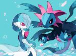  alternate_color blue_background blue_hair blue_skin bob_cut colored_skin dragon dress flower gardevoir highres hokke_0214 holding holding_flower hydreigon multicolored_skin pink_eyes pokemon pokemon_(creature) shiny_pokemon signature simple_background smile two-tone_skin white_dress white_skin 