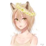  absurdres animal_ears artist_name blonde_hair blush collarbone eyes_visible_through_hair fang green_eyes hair_between_eyes hair_over_eyes head_wreath highres original parted_lips romiy short_hair simple_background solo upper_body white_background wolf_ears 