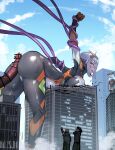  1girl absurdres ass bar_censor bent_over blue_sky blush bodysuit breast_press breasts building censored city cloud colossus_(natsukaze_shigure) day destruction erection giant giantess green_eyes grey_hair hetero highres imminent_rape impossible_bodysuit impossible_clothes large_breasts multiple_boys natsukaze_shigure open_mouth original outdoors penis peril restrained ruins short_hair skin_tight sky skyscraper solo_focus tentacles 