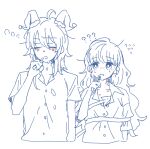  2girls ? ?? bite_mark bite_mark_on_neck blush closed_eyes collar commentary_request flying_sweatdrops greyscale hickey horns monochrome multiple_girls open_mouth phoebe_(wuthering_waves) short_sleeves spot_color sweatdrop tail_around_another&#039;s_waist wuthering_waves xxxxxio55 yuri zani_(wuthering_waves) 