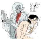  2boys baldur&#039;s_gate baldur&#039;s_gate_3 black_hair black_nails blue_hair cazador_szarr chinese_commentary dark_elf dungeons_&amp;_dragons elf fingernails hair_slicked_back highres jewelry long_fingernails multiple_boys pointy_ears purple_eyes red_eyes ring sneezing topless_male vellioth whxqxqaaa! 