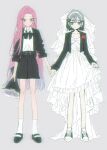  2girls absurdres alien_stage alternate_costume black_bow black_bowtie black_hair black_jacket black_shoes black_shorts bouquet boutonniere bow bowtie chinese_commentary commentary_request dress earrings flower green_eyes hairband high-low_dress highres holding holding_bouquet jacket jewelry long_hair long_sleeves mary_janes mizi_(alien_stage) multiple_girls pink_hair purple_eyes purple_flower red_flower sea_foam see-through_clothes see-through_veil shoes shorts skirt_hold sneakers socks sua_(alien_stage) veil very_long_hair white_bow white_dress white_hairband white_shoes white_socks white_veil 