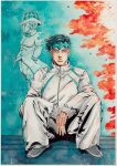 1boy 1other absurdres alternate_costume aqua_bow aqua_bowtie aqua_eyes aqua_headband bow bowtie diamond_wa_kudakenai earrings english_commentary fire green_hair grey_jacket grey_pants grey_shoes heaven's_door highres jacket jewelry jojo_no_kimyou_na_bouken kishibe_rohan long_sleeves male_focus painting_(medium) pants shikishi shoes sitting sneakers stand_(jojo) traditional_media watercolor_(medium) xfkart 