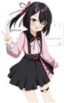  1girl 2025 ;d alternate_costume black_hair black_skirt blue_eyes blush center_frills commentary_request commission cowboy_shot dated dracu-riot! floating_hair frilled_shirt frills hair_between_eyes hair_ornament hair_ribbon hairclip hand_up happy high-waist_skirt highres jirai_kei long_sleeves looking_at_viewer medium_hair mera_azusa neck_ribbon o-ring o-ring_thigh_strap one_eye_closed one_side_up open_mouth pink_shirt red_ribbon ribbon shirt simple_background skirt smile solo straight_hair suspender_skirt suspenders tft_(tft7822) thigh_strap translation_request v white_background 