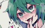  1girl antennae blush bobotatamu commentary_request commission fang finger_in_own_mouth green_eyes green_hair grey_background heart heart-shaped_pupils open_mouth short_hair simple_background skeb_commission solo symbol-shaped_pupils tongue tongue_out touhou wriggle_nightbug 