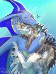 ambiguous_gender black_claws black_pawpads blue_body blue_membrane blue_scales brown_body brown_feathers brown_fur claws dinosaur dromaeosaurid duo feathers feral fur green_body green_scales hi_res hollyvardia hollyvardia_(character) hug membrane_(anatomy) pawpads prehistoric_species reptile scales scalie theropod utahraptor white_body white_claws white_feathers white_fur