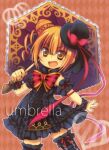 black_dress black_hat black_thighhighs brown_hair character_name dress emil_chronicle_online frilled_dress frilled_thighhighs frilled_umbrella frilled_wristband frills hair_bun hat holding holding_umbrella open_mouth rakisuke red_ribbon red_umbrella ribbon thighhighs umbrella umbrella_alma yellow_eyes 