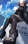  1girl absurdres ankle_boots artist_name black_bodysuit black_hair black_jacket blue_sky blush bodysuit boots breasts building closed_mouth cloud cloudy_sky covered_navel day from_below gixer_250_(natsukaze_shigure) hair_between_eyes high_heel_boots high_heels highres hood impossible_bodysuit impossible_clothes jacket looking_at_viewer medium_breasts multicolored_hair natsukaze_shigure open_clothes open_jacket original outdoors personification short_hair signature sitting skin_tight sky solo two-tone_hair variant_set white_hair yellow_eyes 