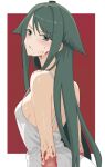  1girl absurdres bare_back bare_shoulders blood blood_drip blood_on_arm blood_on_body blood_on_clothes blood_on_face breasts dress from_side green_eyes green_hair hair_flaps hair_intakes highres long_hair looking_at_viewer medium_breasts parted_lips saya_(saya_no_uta) saya_no_uta see-through_clothes see-through_dress sideboob sleeveless sleeveless_dress slit_pupils solo spaghetti_strap swept_bangs txlyre very_long_hair white_dress 