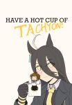  2girls :3 agnes_tachyon_(umamusume) ahoge black_choker black_coat black_gloves black_hair black_necktie black_shirt brown_hair character_name choker closed_eyes closed_mouth coat collared_shirt cup ear_tag earrings gloves grey_hair hair_between_eyes hand_up highres historical_name_connection holding holding_cup jewelry lab_coat long_hair long_hair_between_eyes manhattan_cafe_(umamusume) mini_person minigirl mug multicolored_hair multiple_girls mwkao name_connection necktie propaganda shirt short_necktie simple_background single_earring sleeves_past_fingers sleeves_past_wrists smile umamusume white_background world_war_ii yellow_eyes yellow_necktie 