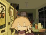  1girl :3 blonde_hair brown_sweater chibi chibi_only closed_eyes closed_mouth desk facing_viewer grey_sweater_vest hair_flaps index_finger_raised indoors kettle long_sleeves night plaid_clothes plaid_sweater_vest plaid_vest regurusu_(nagarevosi) short_hair sidelocks smile solo sweater sweater_vest television twitter_username upper_body urotsuki vending_machine vest window yume_2kki 