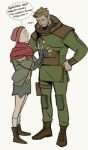  1boy 1girl \||/ ankle_boots ankle_socks artemy_burakh awetfrog bandaged_leg bandages beanie beard belt blonde_facial_hair blonde_hair boots broad_shoulders brown_belt brown_boots buckle clara_(pathologic) closed_eyes closed_mouth collared_jacket elbow_gloves english_text facial_hair fingerless_gloves four-pointed_star full_beard full_body gesture gloves green_jacket green_pants grey_gloves grey_skirt grey_sweater hair_slicked_back hands_on_own_hips hands_up hat height_difference high_collar highres hood hood_down hooded_jacket jacket knee_pads knit_hat lace-up_boots leather leather_belt leather_boots listening long_sleeves looking_down mature_male multicolored_jacket nose open_clothes open_hands open_jacket open_mouth pants pathologic pathologic_2 pouch profile puritan_collar red_hat red_scarf scarf shirt shoes short_hair simple_background skirt sleeve_cuffs socks speech_bubble standing sweater sweater_under_jacket talking thigh_pouch thigh_strap torn_clothes torn_shirt torn_skirt turtleneck turtleneck_sweater two-tone_jacket untucked_shirt very_short_hair white_background white_socks winter_clothes yellow_shirt 