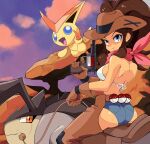  1girl artist_name blue_eyes bra breasts brown_hair cow_girl cowboy_hat denim denim_shorts fangs finger_on_trigger from_behind group_picture gun hat high_ponytail highres holding holding_gun holding_weapon long_hair looking_at_viewer looking_back medium_breasts pokemon pokemon_(creature) pokemon_bw ponytail revolver riding short_shorts shorts solo supermondobeat terrakion underwear v victini weapon white_bra 