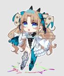  1girl aqua_boots aqua_pantyhose artist_name asymmetrical_footwear blonde_hair blue_eyes blue_pantyhose blush boots breasts chibi chibi_only clerical_collar cone_horns curled_horns curtained_hair ereshkigal_(fate) fate/grand_order fate_(series) frills gloves hair_ribbon headpiece highres horns index_finger_raised leotard long_hair long_sleeves looking_at_viewer metal_bracelet mismatched_footwear mmms_1234oo multicolored_horns pantyhose parted_bangs ribbon single_leg_pantyhose smile solo space_ereshkigal_(fate) space_ereshkigal_(third_ascension)_(fate) thighhighs triangle_mouth two-tone_one-piece_swimsuit watermark white_gloves white_leotard 