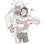 2boys baldur&#039;s_gate baldur&#039;s_gate_3 black_hair cazador_szarr contemporary curly_hair dark-skinned_male dark_skin dungeons_&amp;_dragons hair_slicked_back highres hug hug_from_behind interracial multiple_boys vellioth white_background white_hair whxqxqaaa! yaoi 