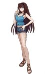  1girl aozaki_aoko blue_dress blue_eyes breasts brown_hair cleavage collarbone denim denim_shorts dress drink drinking_straw hand_on_own_hip highres large_breasts long_hair mahou_tsukai_no_yoru sandals shintyoi2 shorts solo twitter_username very_long_hair 