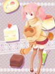  arya_(tianhua) brown_legwear cake food hair_between_eyes hair_ornament hair_scrunchie hug inu_x_boku_ss leaf leaf_on_head pink_hair pleated_skirt red_eyes red_skirt roromiya_karuta scrunchie short_twintails skirt smile tanuki thighhighs twintails watanuki_banri zettai_ryouiki 