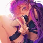  1girl anshango breasts closed_mouth commentary female_shez_(fire_emblem) female_shez_(summer)_(fire_emblem) fingernails fire_emblem fire_emblem:_three_houses fire_emblem_heroes fire_emblem_warriors:_three_hopes hair_bun hair_over_one_eye highres long_hair looking_at_viewer medium_breasts official_alternate_costume one_eye_closed purple_eyes purple_hair purple_nails simple_background single_hair_bun sitting smile solo swept_bangs swimsuit symbol-only_commentary v very_long_hair white_background 
