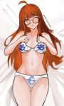  1girl absurdres ahoge bare_shoulders bikini black-framed_eyewear blunt_bangs blush breasts cameltoe cleavage glasses highres long_hair looking_at_viewer medium_breasts navel nero_watch one_eye_closed orange_hair persona persona_5 purple_eyes sakura_futaba sanic simple_background solo sonic_(series) stomach swimsuit white_bikini 