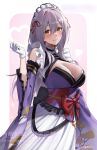  1girl blush bow breasts brown_eyes cleavage detached_sleeves floral_print_bikini gloves goddess_of_victory:_nikke highres japanese_clothes kimono large_breasts long_hair looking_at_viewer maid maid_headdress obi purple_hair purple_kimono red_bow sash scarlet_(nikke) smile solo wa_maid white_gloves wide_sleeves yorugami_rei 