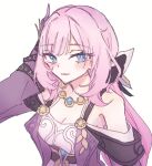  1girl ame_00531 blue_eyes breasts cleavage coat cosplay cyrene_(honkai:_star_rail) cyrene_(honkai:_star_rail)_(cosplay) dress elf elysia_(honkai_impact) hair_ornament honkai:_star_rail honkai_(series) honkai_impact_3rd inoue_marina jewelry long_hair looking_at_viewer medium_breasts necklace parted_lips pink_hair pointy_ears purple_coat simple_background solo white_background white_dress yanning 
