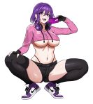  1girl absurdres black_gloves black_panties black_shorts black_thighhighs blush breasts commentary commission cropped_hoodie denim denim_shorts fingernails gloves hair_between_eyes hand_on_own_knee headphones headphones_around_neck high_tops highleg highleg_panties highres holding hood hoodie large_breasts long_sleeves looking_at_viewer micro_shorts navel nike_(company) open_mouth original panties panty_straps pink_hoodie purple_eyes purple_hair shiny_skin shoes short_hair shorts simple_background smile sneakers solo spread_legs squatting string_panties thighhighs underboob underwear white_background zuyu_(zuyuzuyu6) 