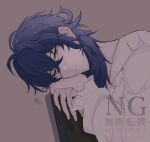  1boy blue_hair brown_background chair closed_mouth commentary_request crossed_bangs expressionless frilled_sleeves frills hair_between_eyes head_tilt highres ju_(mahjong_soul) leaning_forward long_bangs long_hair long_sleeves looking_at_viewer mahjong_soul male_focus shirt simple_background solo tetra_c_xxx upper_body watermark white_shirt yellow_eyes 
