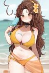  1girl bikini black_choker blush breasts brown_eyes brown_hair choker cleavage collarbone commentary english_commentary eyebrows_hidden_by_hair eyes_visible_through_hair flower food hair_elastic hair_flower hair_ornament hazel_eyes heart heart_choker high_ponytail highres holding holding_food holding_popsicle indie_virtual_youtuber large_breasts long_hair melting_popsicle navel o-ring o-ring_bikini o-ring_top ocean open_mouth ponytail popsicle sky_above_me sky_above_me_(vtuber) solo standing swimsuit thighs very_long_hair virtual_youtuber yellow_background yellow_flower 
