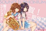  2girls back-to-back black_hair brown_eyes brown_hair copyright_name dated euphonium fuuka_(fukasheu) hibike!_euphonium instrument kousaka_reina long_hair multiple_girls neckerchief oumae_kumiko pink_neckwear purple_eyes school_uniform serafuku short_hair sitting smile twitter_username 