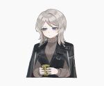  1girl 68oljg black_coat black_vest blue_eyes breasts closed_mouth coat coat_on_shoulders cup faust_(project_moon) grey_sweater highres holding holding_cup limbus_company long_sleeves looking_at_viewer project_moon short_hair simple_background solo sweater upper_body vest white_background white_hair 