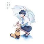  1girl ame_to_kimi_to anime_coloring black_hair black_skirt blue_eyes closed_mouth fuji_(amekimi) high_heels highres holding holding_umbrella key_visual kneeling leaf leaf_on_head long_sleeves looking_at_viewer medium_skirt mole mole_under_eye official_art promotional_art shade shirt short_hair simple_background skirt tanuki tanuki_(ame_to_kimi_to) translation_request transparent_background umbrella white_shirt 
