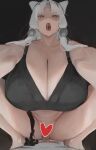  1girl :o animal_ears bad_id bad_twitter_id beads black_background black_bra black_panties bra breasts censored cleavage collarbone commentary_request cowgirl_position grey_eyes hair_beads hair_ornament heart heart-shaped_pupils heart_censor highres huge_breasts inactive_account long_hair open_mouth oruka_(kamituki0827) panties panties_around_one_leg parted_bangs penis sex solo_focus squatting straddling symbol-shaped_pupils teeth touhoku_itako underwear vaginal voiceroid white_hair 