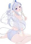  1girl absurdres afterimage ass bare_shoulders barefoot blue_eyes blue_scrunchie blush breasts commentary_request demon_girl demon_horns demon_tail fanning_face fanning_self food from_behind grey_hair grey_panties hair_ornament hair_scrunchie halftone hashiko_nowoto highres holding holding_food horns large_breasts long_hair looking_at_viewer looking_back no_pants off_shoulder open_mouth original panties pointy_ears ponytail popsicle scrunchie shirt short_sleeves simple_background sitting soles solo sweat tail tied_shirt underwear very_long_hair wariza white_background white_shirt 