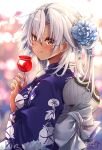  1girl alternate_costume alternate_hairstyle breasts brown_eyes candy_apple dark-skinned_female dark_skin food glasses grey-framed_eyewear grey_hair hair_bun hand_fan highres holding_candy_apple japanese_clothes kantai_collection kimono large_breasts long_hair mashiro_yukiya musashi_(kancolle) musashi_kai_ni_(kancolle) obi paper_fan purple_kimono purple_nails rectangular_eyewear sash semi-rimless_eyewear smile solo summer_festival uchiwa upper_body very_long_hair yukata 