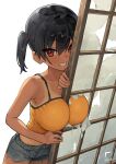  1girl black_hair blush breasts camisole clenched_teeth gaki_kyonyuu grey_shorts grin hair_between_eyes highres kaedeko_(kaedelic) large_breasts looking_at_viewer midriff oppai_loli orange_camisole red_eyes sasaki_kanna shorts shouji sliding_doors smile solo tan tanlines teeth twintails 
