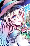  1girl black_hairband bouquet commentary electronduck english_commentary firefly_(honkai:_star_rail) firefly_(spring_missive)_(honkai:_star_rail) green_sailor_collar grey_hair hairband hat highres holding holding_bouquet honkai:_star_rail honkai_(series) long_hair looking_at_viewer looking_back official_alternate_costume open_mouth purple_eyes sailor_collar school_uniform shirt solo straw_hat twitter_username upper_body white_shirt 