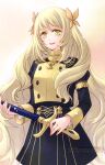  1girl :d black_skirt blonde_hair butterfly_hair_ornament celine_(fire_emblem) commentary_request ebi_puri_(ebi-ebi) fire_emblem fire_emblem:_three_houses fire_emblem_engage garreg_mach_monastery_uniform green_eyes hair_ornament highres holding holding_sword holding_weapon jacket long_hair long_sleeves looking_at_viewer open_mouth sheath sheathed skirt smile solo sword very_long_hair weapon 