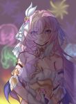  1girl absurdres aerial_fireworks ansha_da_wei bare_shoulders blurry blurry_background breasts chinese_commentary cleavage collarbone commentary_request corset diamond-shaped_pupils diamond_(shape) elysia_(herrscher_of_human:_ego)_(honkai_impact) elysia_(honkai_impact) fireworks highres honkai_(series) honkai_impact_3rd large_breasts long_hair looking_at_viewer multicolored_hair night night_sky pink_hair purple_eyes sky smile solo symbol-shaped_pupils triquetra two-tone_hair veil very_long_hair white_corset white_hair white_veil 