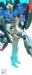  1boy absurdres aeug ankle_holster aqua_hair artist_logo battle_damage beam_rifle blue_eyes bodysuit cenbuzwreckage closed_mouth commentary energy_gun full_body gloves green_eyes gun gundam helmet highres holding holding_gun holding_helmet holding_weapon kamille_bidan logo looking_at_viewer male_focus mecha mecha_pilot_suit mobile_suit normal_suit_(gundam) pilot_helmet robot science_fiction short_hair space_helmet spacesuit standing symbol-only_commentary unworn_headwear unworn_helmet v-fin weapon white_bodysuit white_gloves zeta_gundam zeta_gundam_(mobile_suit) 