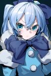 1girl :t absurdres angry artist_name black_background blue_bow blue_coat blue_eyes blue_hair blue_mittens blush bow bowtie coat commentary dot_nose earmuffs fur-trimmed_coat fur_trim gem hair_bow hatsune_miku headset highres long_hair looking_at_viewer mittens myuga66666 pom_pom_(clothes) pout solo twintails upper_body vocaloid yuki_miku yuki_miku_(2012) 