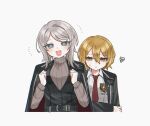  +_+ 2girls 68oljg :d black_coat black_vest blonde_hair blue_eyes coat coat_on_shoulders collared_shirt don_quixote_(project_moon) faust_(project_moon) grey_sweater highres limbus_company long_sleeves looking_at_viewer multiple_girls necktie personality_switch project_moon red_necktie shirt short_hair simple_background smile sweater upper_body vest white_background white_hair white_shirt yellow_eyes 
